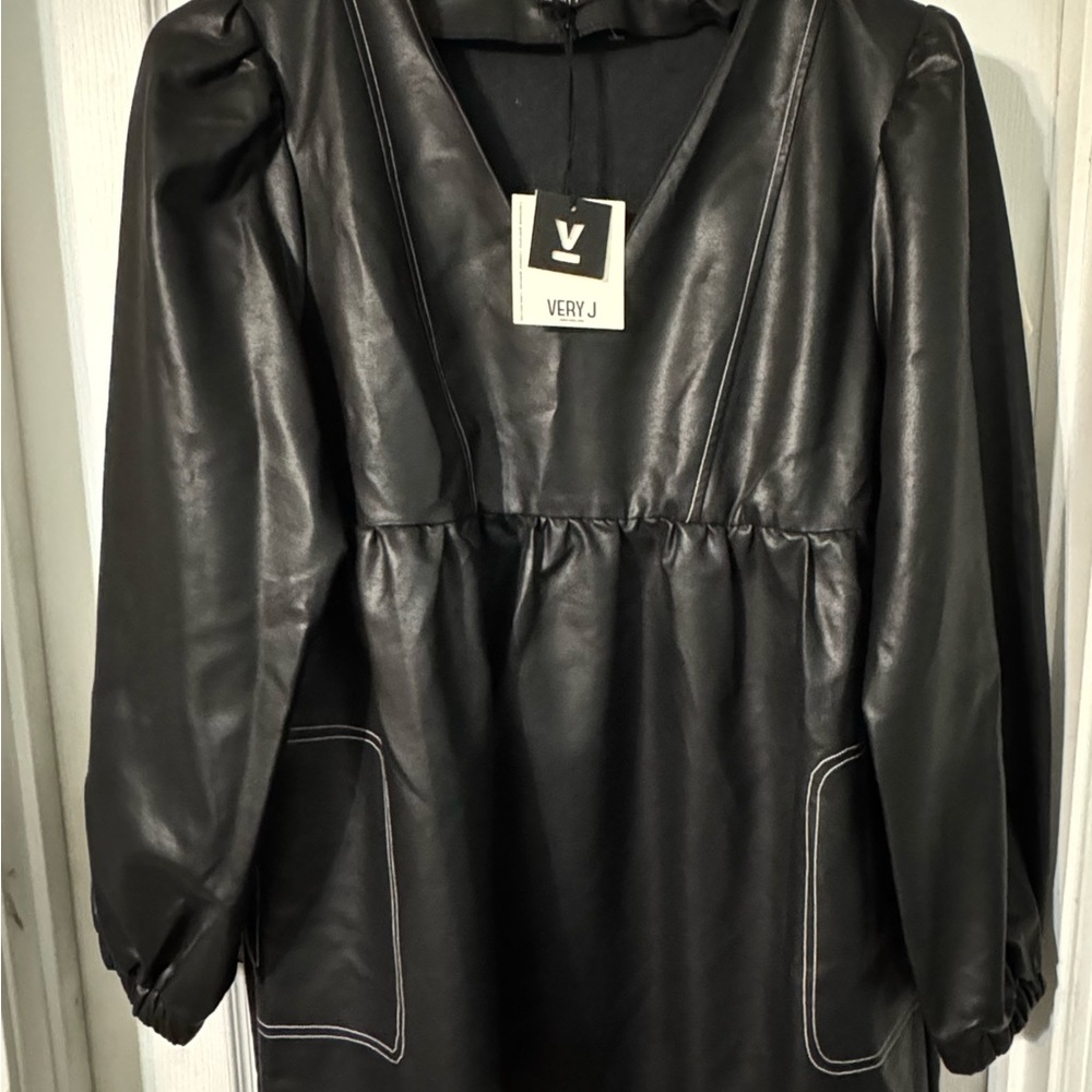 Very J Black Faux Leather Puff Sleeve Dress